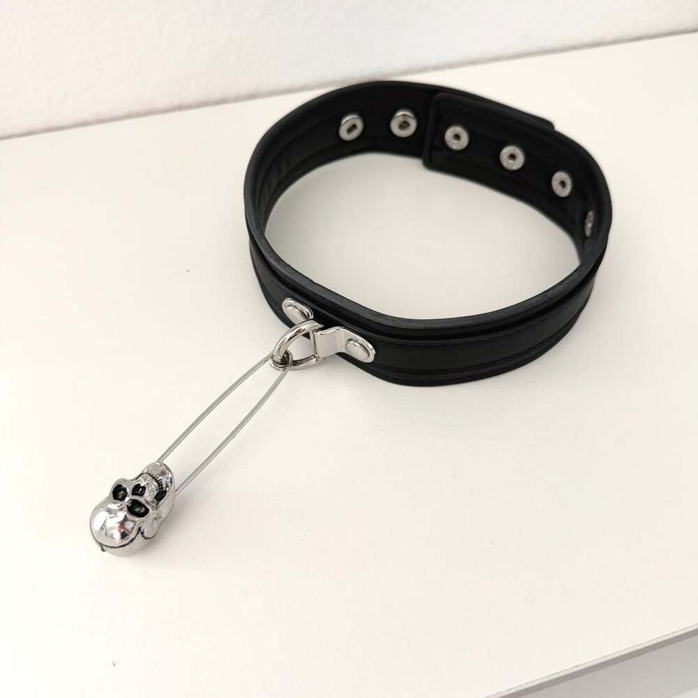 Killstar Black Faux Leather Choker with Skull Safety Pin Charm